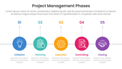 5 phase project management infographic template banner with stack, rectangle, arrow, creative, variations, vertical, arrows with 5 point list information for slide presentation
