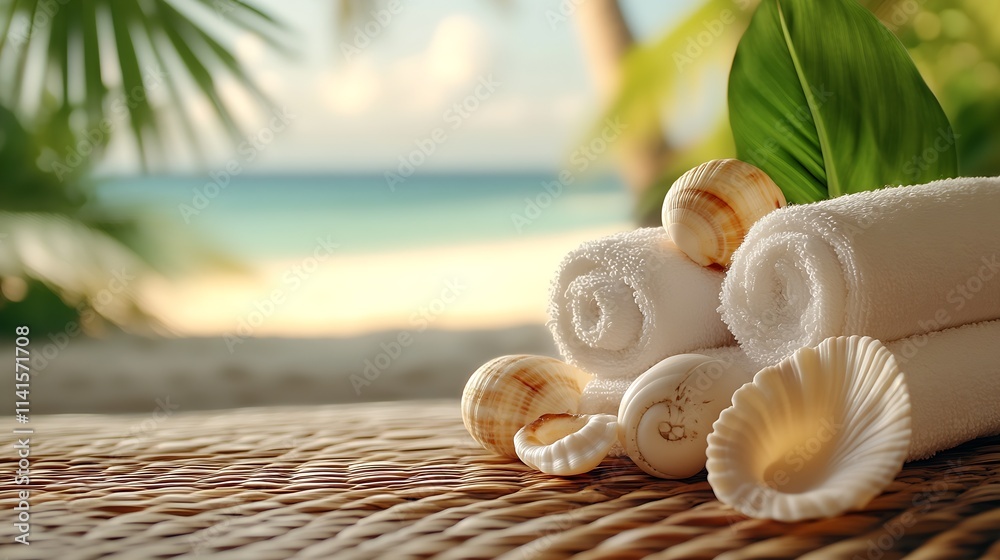 Poster peaceful island spa experience with towels and seashells on oceanfront : generative ai