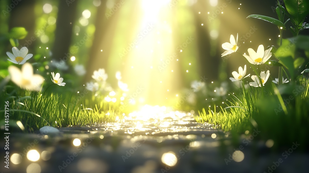 Poster enchanted forest path leading through daisies in glorious sunlight evoking peace and refreshment : g