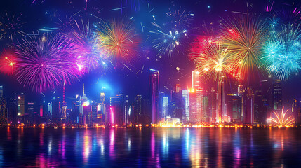 Vibrant City Fireworks: A breathtaking spectacle of fireworks explodes over a modern cityscape, reflecting in the calm waters below.