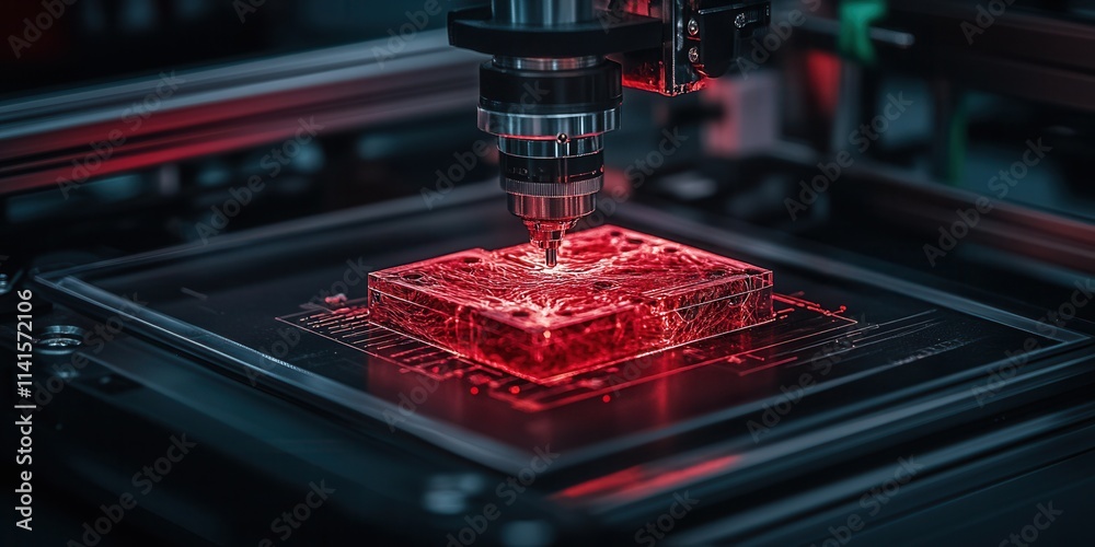 Poster a high-tech laser engraving machine creating intricate designs on a transparent material, illuminate