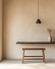 Minimalist interior design featuring a wooden table and a vase with dried flowers