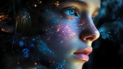 Cosmic Beauty: A Glowing Portrait of a Woman Adorned with Celestial Makeup