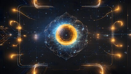 Using lines, nodes, and glowing particles to express information processing and visualize the interaction between quantum computing and AI.