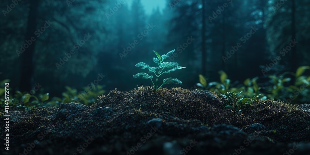 Poster a small green plant emerges from the soil in a dimly lit forest, surrounded by lush greenery, creati