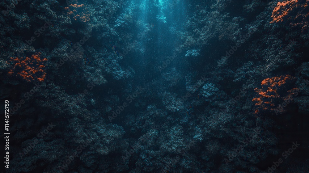 Poster a serene underwater scene showcasing dark coral formations illuminated by beams of light filtering t