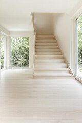 Obraz premium Modern interior design featuring minimalistic staircase and large windows in bright space