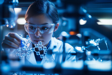 A female scientist investigates a chemical formula.