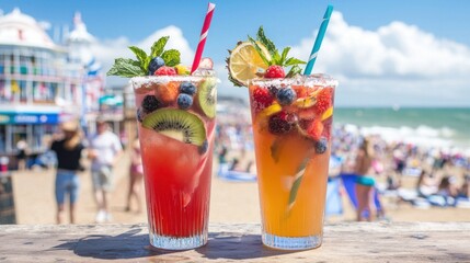 Refreshing fruity mocktails at beach hut with vibrant spring vibes and ocean view
