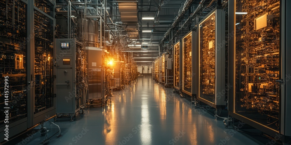 Poster a dimly lit corridor in a high-tech facility lined with racks of machinery and glowing panels, sugge