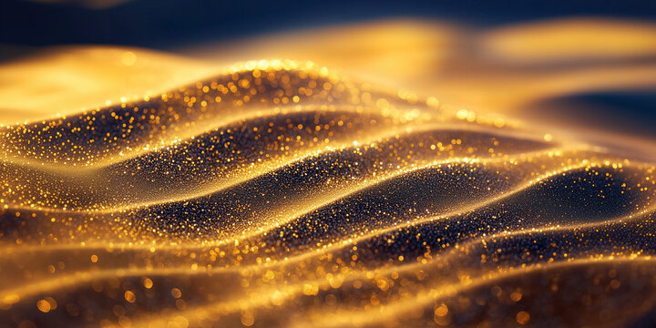 A close-up of intricate desert sand patterns shaped by the wind, with tiny sparkling grains illuminated by golden light. 