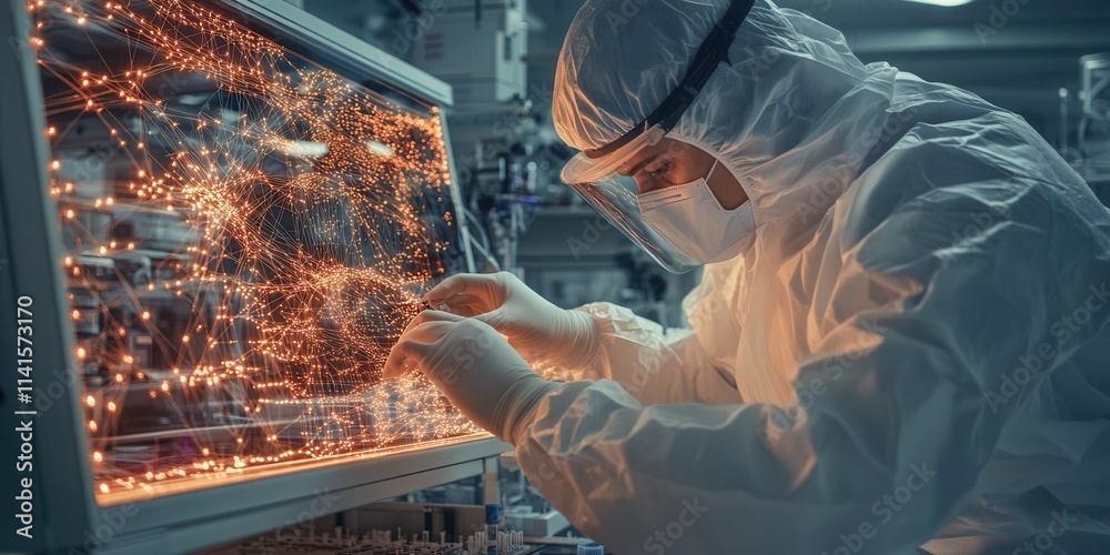 Poster a technician in protective gear works on a complex electronic device, focusing on intricate circuitr