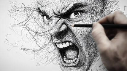 Intense Angry Face Drawing  Pen Sketch  Black Ink Artwork