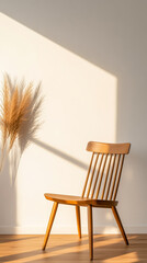 Wooden chair and dried grass in sunlight by the wall