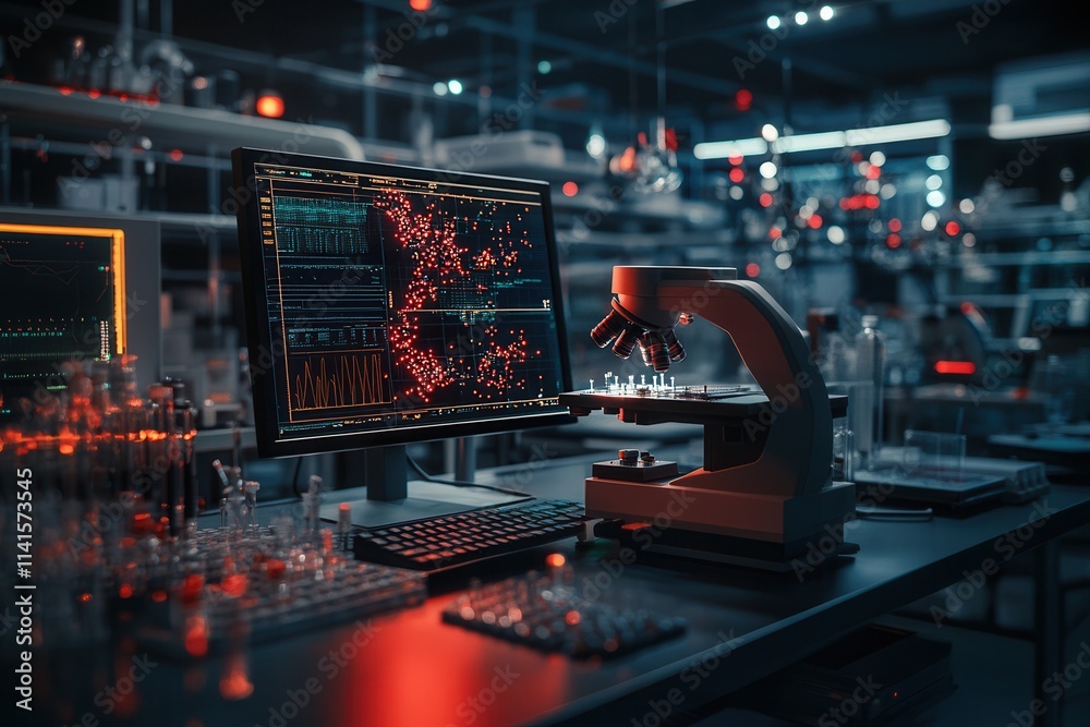 Poster A high-tech laboratory featuring a microscope and computer displaying complex data in a dimly lit environment, emphasizing scientific research.