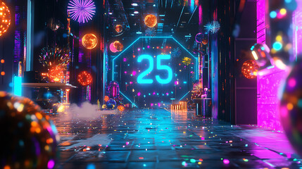 Neon Countdown: A futuristic corridor with vibrant neon lights, glowing orbs, and a digital countdown clock set against a backdrop of swirling particles and smoke.