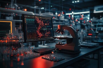 A high-tech laboratory featuring a microscope and computer displaying complex data in a dimly lit environment, emphasizing scientific research.