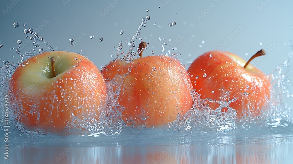 Poster Three apples creating a dynamic splash in revitalizing fresh water with droplets : Generative AI