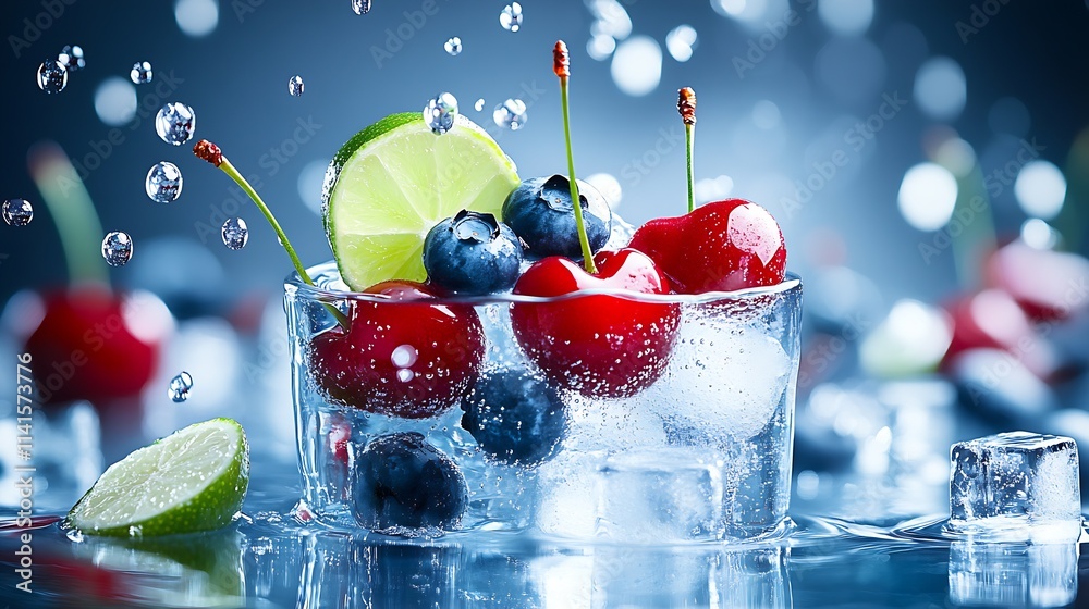 Poster citrusy berry explosion with cherries blueberries and lime refreshment in icy glass : generative ai