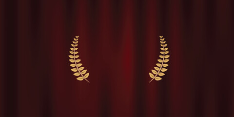 Award nomination emblem, gold laurel wreath with Theatrical Red Curtain vector illustration design background
