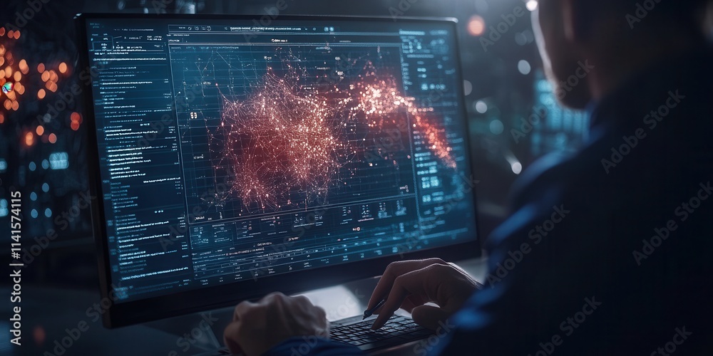 Fototapete A person analyzes data visualizations on a computer screen, showcasing intricate patterns and information in a high-tech environment.