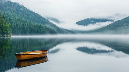 Fototapeta premium Serene lake reflection with wooden boat amidst misty mountain landscape