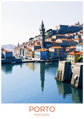Fototapeta premium Porto Skyline Portugal Eco Friendly Travel Poster Illustration Wall Art Decor Gift