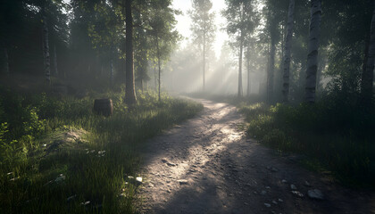 Obraz premium Misty Forest Path 3D Illustration