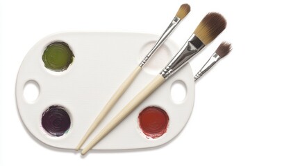 A palette with four paint colors and three brushes, ideal for artistic creation and painting projects.