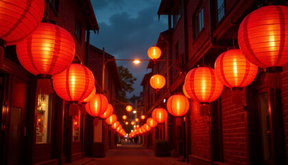 Obraz premium Night street decorated with glowing red lanterns