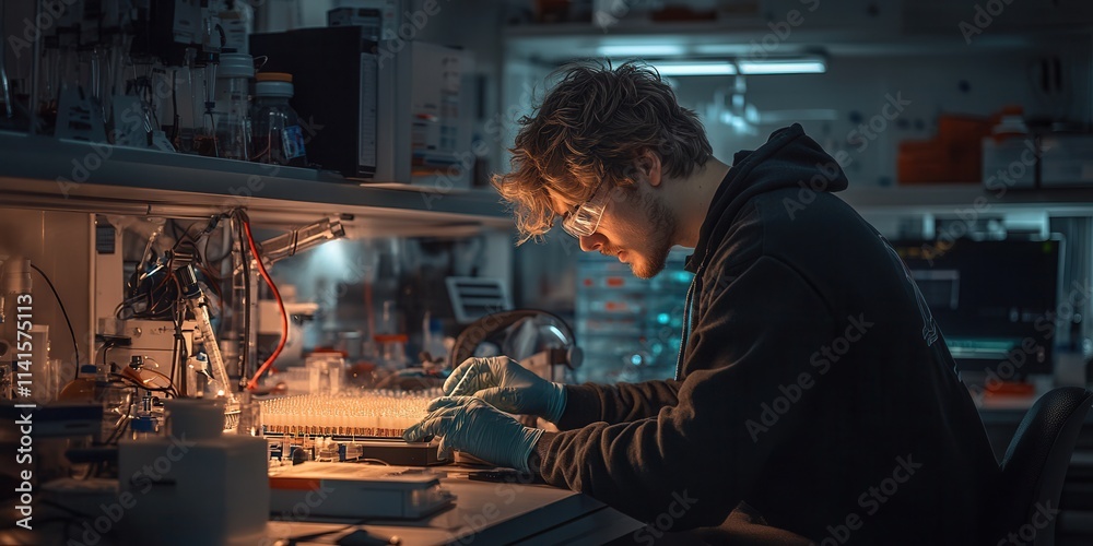 Poster a focused individual works meticulously at a well-equipped bench, surrounded by tools and electronic