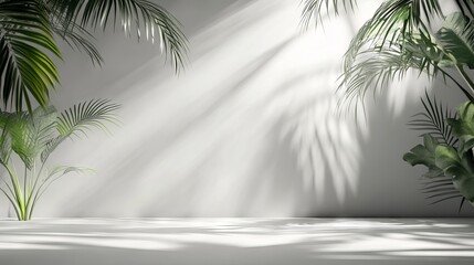 Elegant grey background with soft tropical shadows and ambient lights for modern product presentation