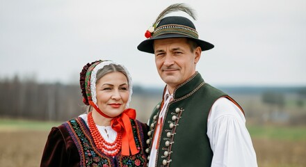 Traditional eastern european couple in authentic folk attire outdoors