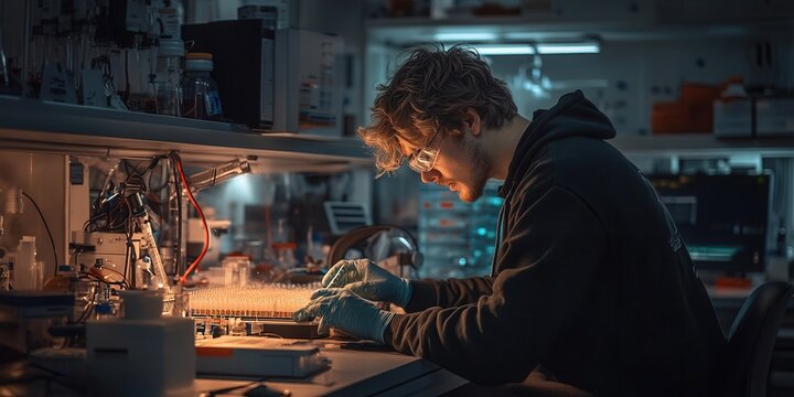 A focused individual works meticulously at a well-equipped bench, surrounded by tools and electronics, embodying innovation and creativity in a dimly lit space.