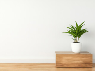 Fototapeta premium Modern indoor plant decoration on wooden pedestal in minimalistic room design