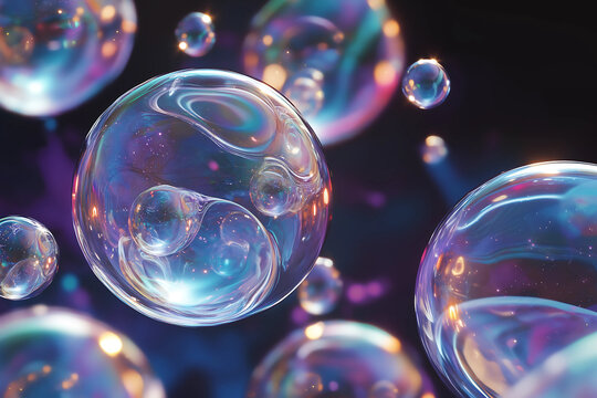 Artistic bubbles and holographic liquid spheres drift in space against an abstract.