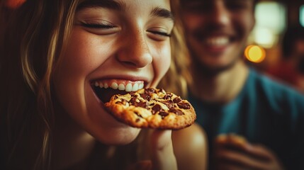 Young woman delights in a chocolate chip cookie with a radiant smile in a vibrant cafe ambiance : Generative AI