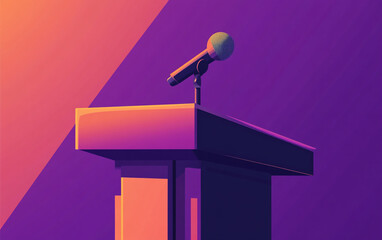Public speaking setup with a microphone and podium in vibrant purple and orange colors