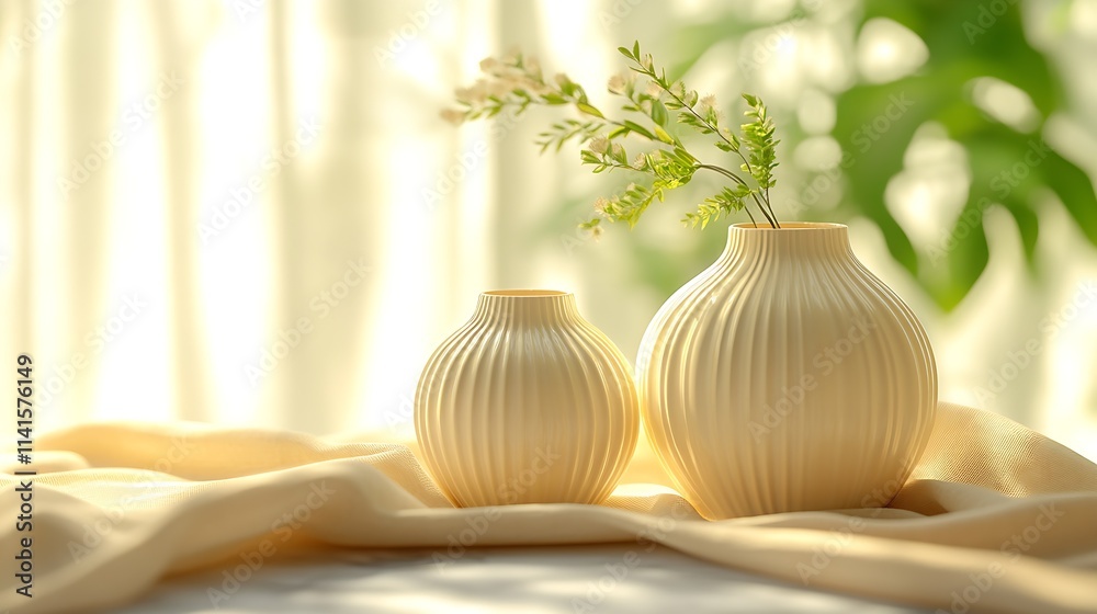 Poster Minimalist White Ceramic Vases with Fresh Greenery on Sunlit Draped Surface : Generative AI