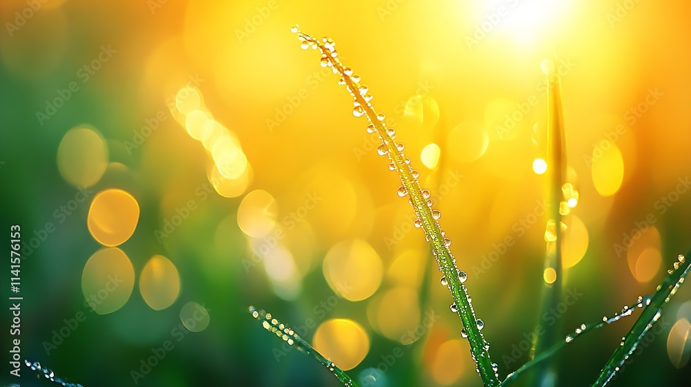 Poster vibrant dew covered grass blades against sunrise creating magical bokeh effect : generative ai