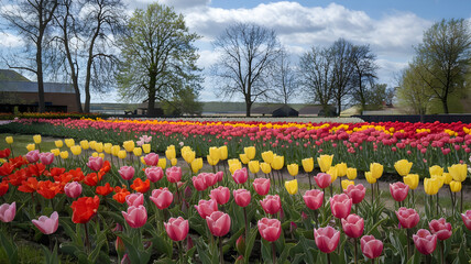 A garden with tulips in full bloom and a living room