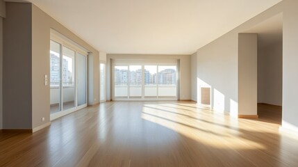 Obraz premium Spacious, sunlit room with large windows and wooden flooring, ideal for living or office space.