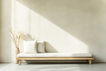 Elegant sunlit minimalistic seating area with natural decor in neutral tones