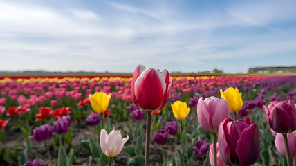 A garden with tulips in full bloom and a living room