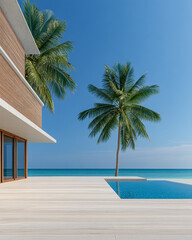 Fototapeta premium Stunning tropical beachfront property with palm trees and infinity pool under clear blue sky