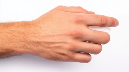 A close-up of a hand holding a small object, showcasing the texture and details of the fingers against a plain background.