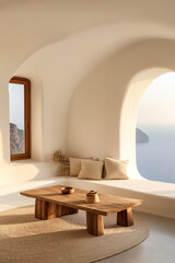 Modern living space with wooden furniture and ocean view during sunset