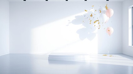 Minimalist White Room with Balloons and Display Platform