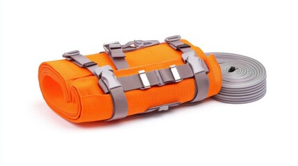 A rolled-up orange camping mat secured with gray straps, alongside a coiled gray rope, ideal for outdoor adventures and activities.