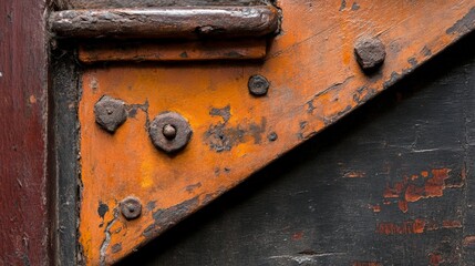 Rusty Corner Detail: A close-up shot reveals the intricate details of a weathered, rusty orange metal corner, punctuated by aged bolts and rivets, hinting at a rich history and forgotten stories.